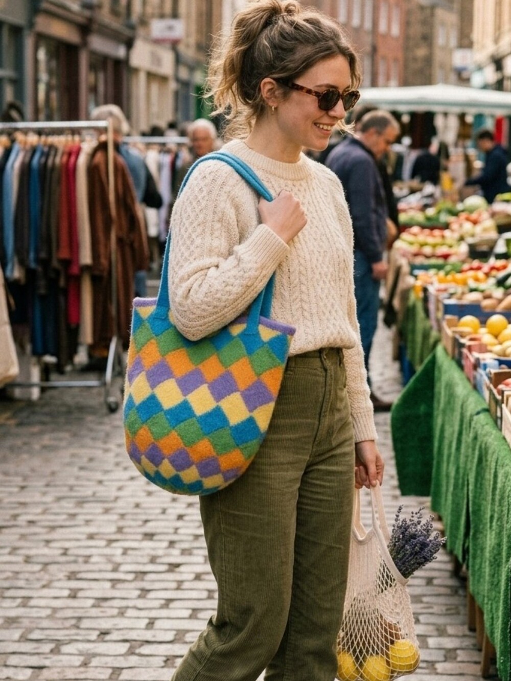 Checkered Knit Felted Worsted Wool Double Shoulder Strap Bucket Bag Market Tote